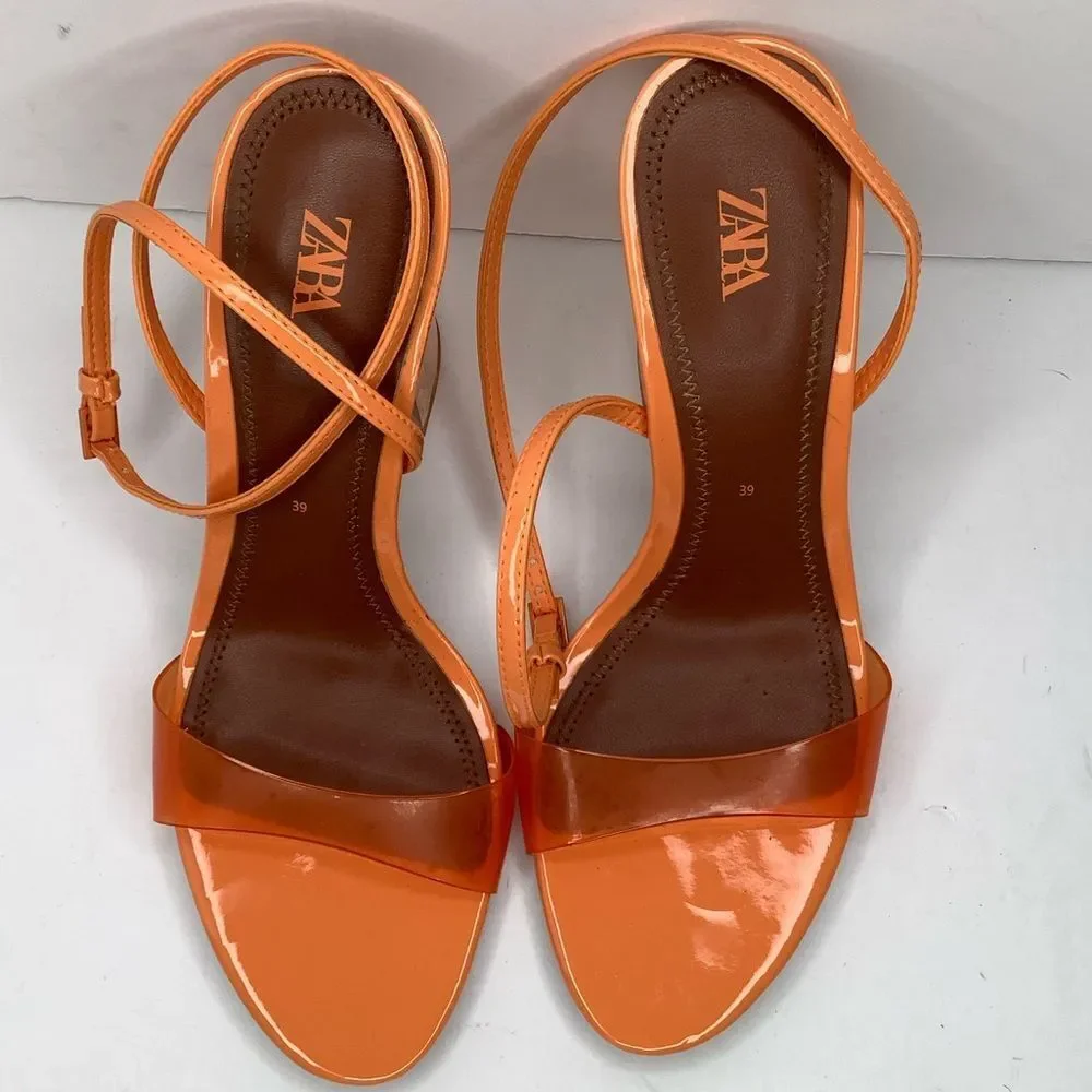 Zara Methacrylate Orange Strap Block Clear Heels Sandals Sz 9.5 Party Dance